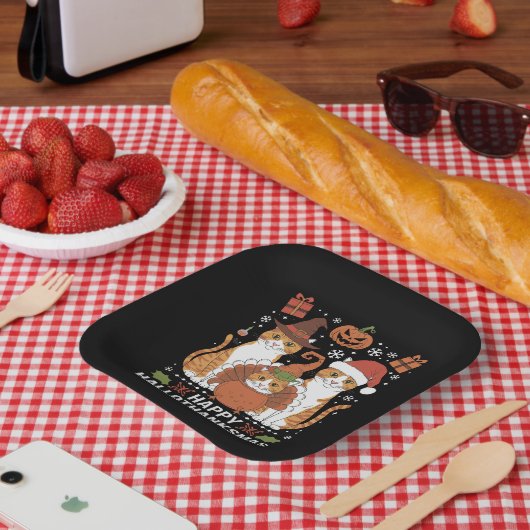 Happy Hallothanksmas Cats Halloween Pappteller (Picknick)