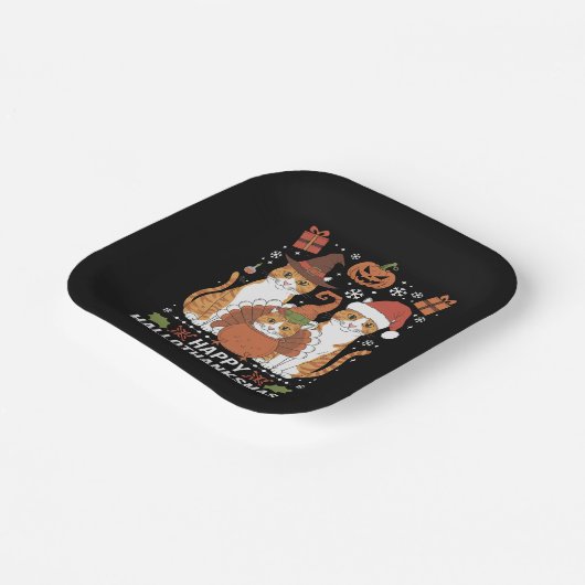 Happy Hallothanksmas Cats Halloween Pappteller (Gewinkelt)