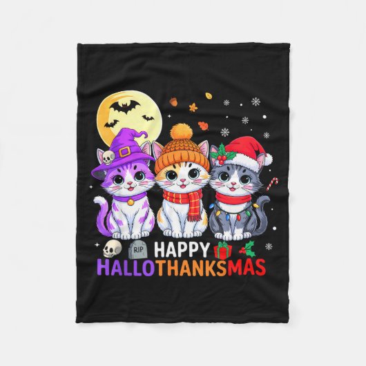 Happy Hallothanksmas Cats Halloween Thanksgiving C Fleecedecke (Vorderseite)