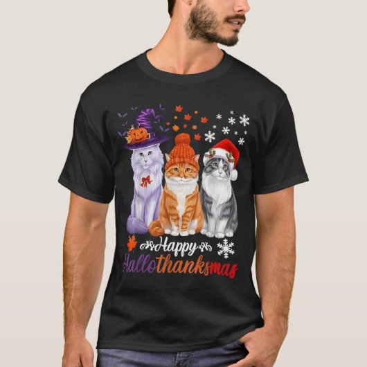 Happy HalloThanksMas Cats Halloween Thanksgiving C T-Shirt (Vorderseite)
