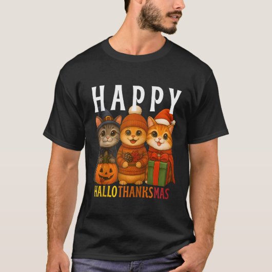Happy Hallothanksmas Cats Halloween Thanksgiving C T-Shirt (Vorderseite)