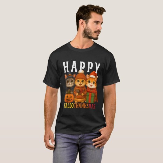 Happy Hallothanksmas Cats Halloween Thanksgiving C T-Shirt (Vorne ganz)