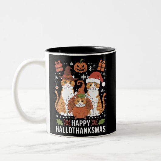 Happy Hallothanksmas Cats Halloween Zweifarbige Tasse (Links)