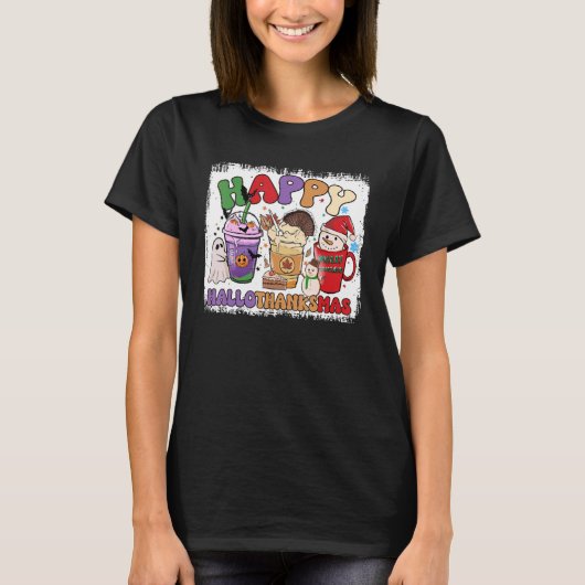 Happy Hallothanksmas Coffee Latte Halloween Thanks T-Shirt (Vorderseite)
