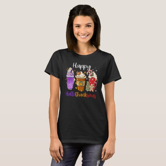 Happy Hallothanksmas Coffee Latte Halloween Thanks T-Shirt (Vorne ganz)
