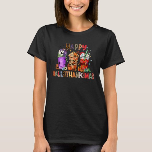 Happy Hallothanksmas Coffee Latte Halloween Thanks T-Shirt (Vorderseite)