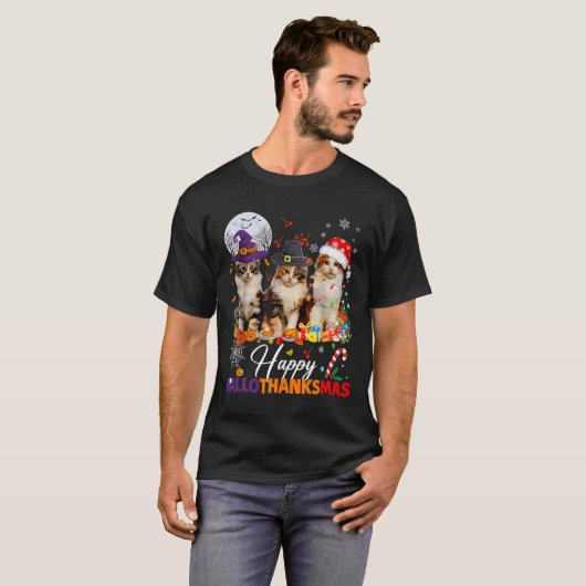 Happy Hallothanksmas Cute Cats Halloween Thanksgiv T-Shirt (Vorne ganz)