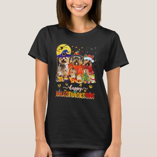 Happy Hallothanksmas Cute Yorkie Wizard Hat Turkey T-Shirt (Vorderseite)