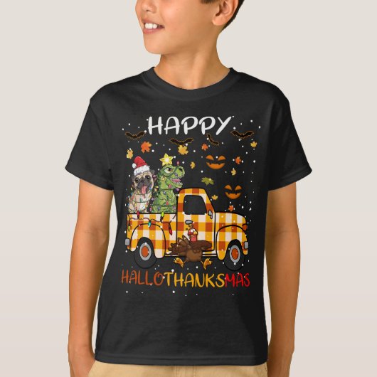 Happy Hallothanksmas Dinosaur Santa Mops Hund Chri T-Shirt (Vorderseite)