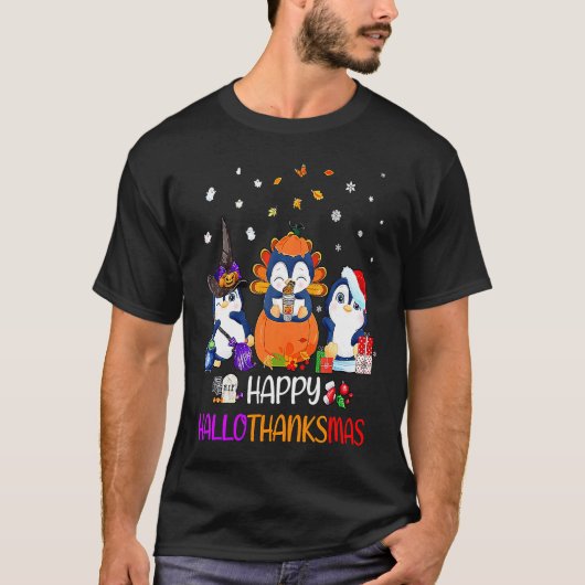Happy HalloThanksMas Fall Pumpkin  Penguin T-Shirt (Vorderseite)