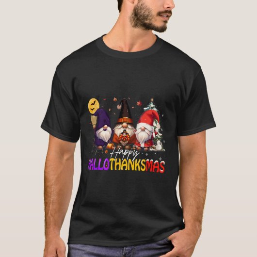 Happy Hallothanksmas Gnome Halloween Erntedank T-Shirt (Vorderseite)
