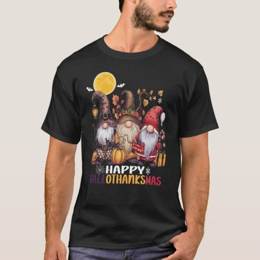 Happy Hallothanksmas Gnome Halloween Erntedank T-Shirt (Vorderseite)