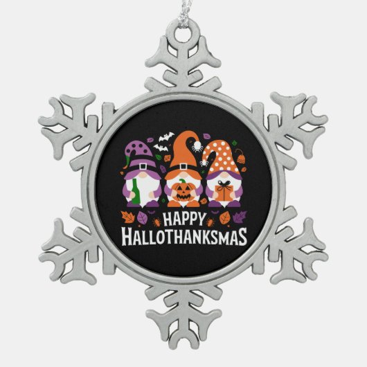 Happy Hallothanksmas Gnomes Lover Frohe Weihnachte Schneeflocken Zinn-Ornament (Vorderseite)