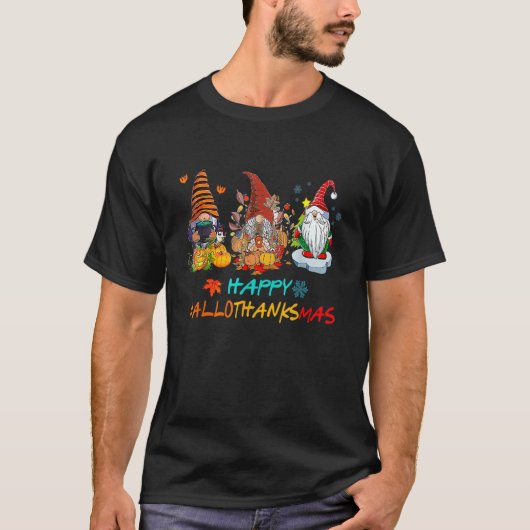 Happy Hallothanksmas Gnomes Witch Santa Hat Pumpk T-Shirt (Vorderseite)