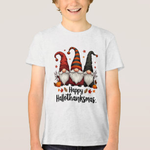 Happy Hallothanksmas Halloween Xmas Gnomes Tri-Blend Shirt