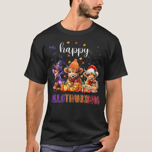 Happy Hallothanksmas Highland Cow Halloween Merry T-Shirt (Vorderseite)