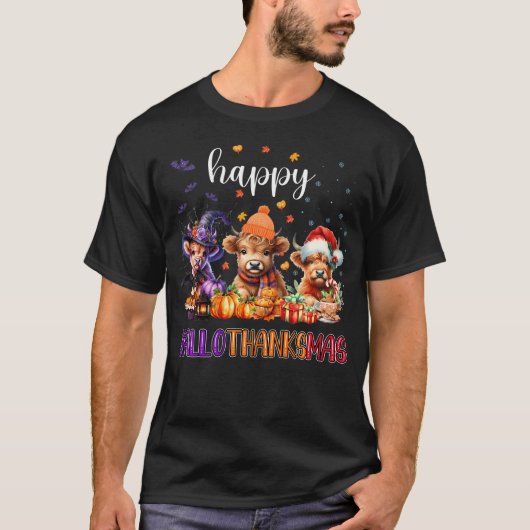Happy Hallothanksmas Highland Cow Halloween Merry T-Shirt (Vorderseite)