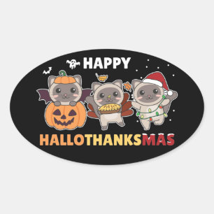 Happy Hallothanksmas Katzenweihnachtsmann Ovaler Aufkleber