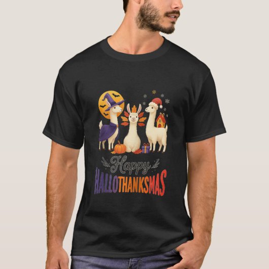 Happy Hallothanksmas Llamas Halloween Thanksgiving T-Shirt (Vorderseite)