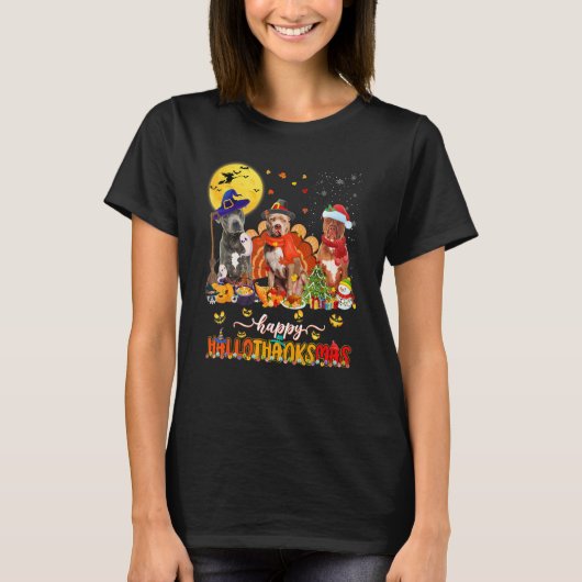 Happy Hallothanksmas Niedlich Pitbull Wizard Hat T T-Shirt (Vorderseite)