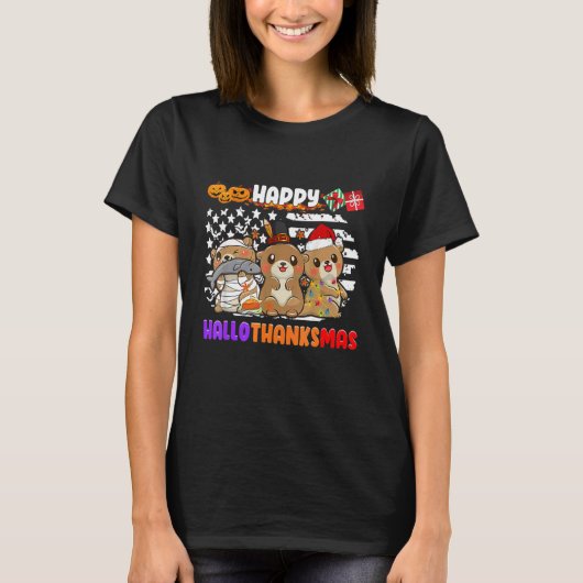 Happy Hallothanksmas Otter  Thanksgiving Christmas T-Shirt (Vorderseite)