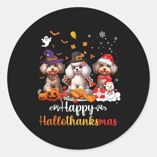 Happy Hallothanksmas Poodle Dog Halloween Christma Runder Aufkleber (Vorderseite)