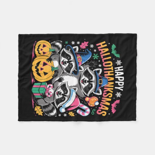 Happy Hallothanksmas Raccoon Halloween Merry Chris Fleecedecke (Vorderseite (Horizontal))