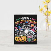 Happy Hallothanksmas Raccoon Halloween Merry Chris Karte (Gelbe Blume)