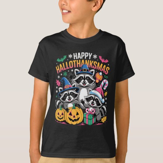 Happy Hallothanksmas Raccoon Halloween Merry Chris T-Shirt (Vorderseite)