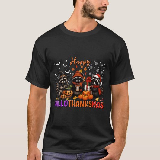 Happy Hallothanksmas Racoon Halloween Erntedank T-Shirt (Vorderseite)