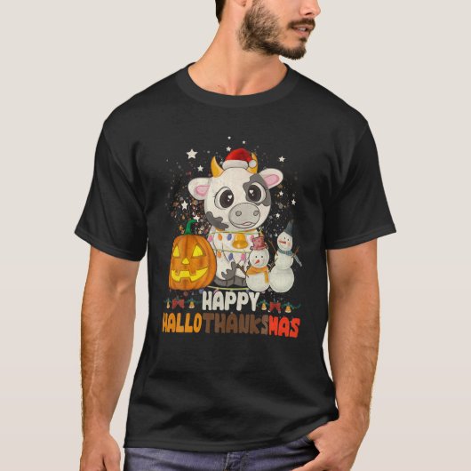 Happy Hallothanksmas Santa Cow Halloween Thanksgiv T-Shirt (Vorderseite)