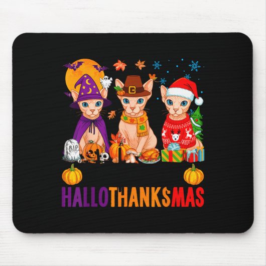 Happy Hallothanksmas Sphynx Cats Halloween Thanksg Mousepad (Vorne)