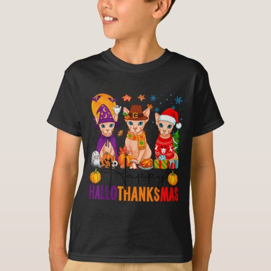 Happy Hallothanksmas Sphynx Cats Halloween Thanksg T-Shirt (Vorderseite)