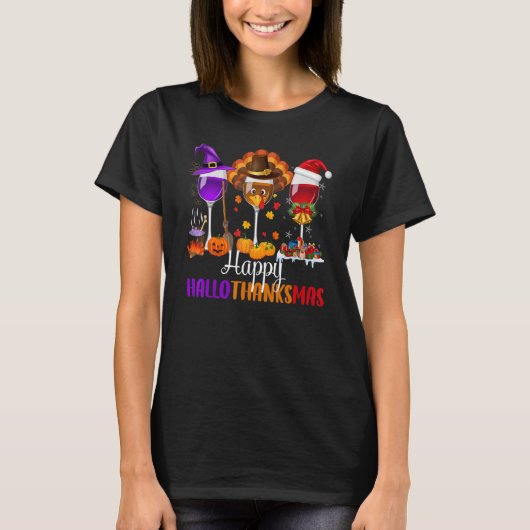 Happy Hallothanksmas Wine Glasses Drinking Hallowe T-Shirt (Vorderseite)
