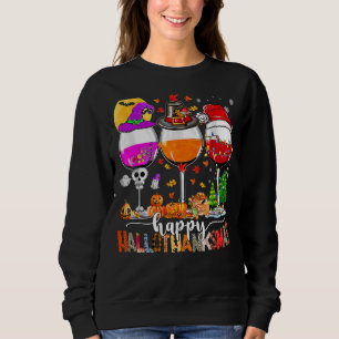 Happy Hallothanksmas Wine Glasses Witch Santa Hat Sweatshirt