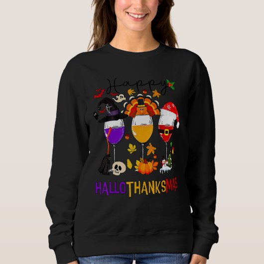 Happy Hallothanksmas Wine Glasses Witch Santa Hat  Sweatshirt (Vorderseite)