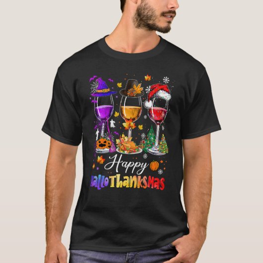 Happy Hallothanksmas Wine Glasses Witch Santa Hat T-Shirt (Vorderseite)