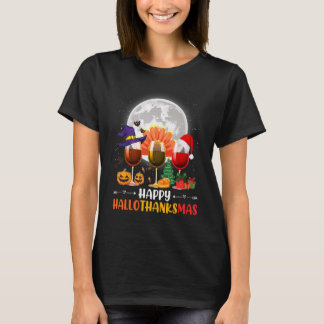 Happy Hallothanksmas Wine Glasses Witch Santa Hat T-Shirt