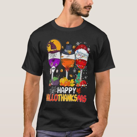 Happy Hallothanksmas Wine Glasses Witch Santa Hat T-Shirt (Vorderseite)