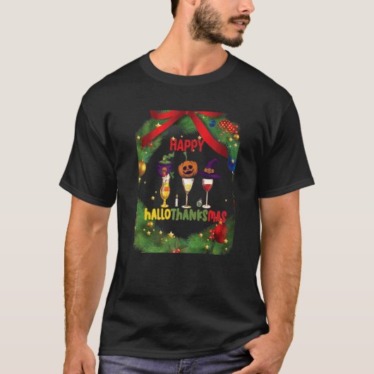 Happy Hallothanksmas Wine Glasses Witch Santa Hat T-Shirt (Vorderseite)