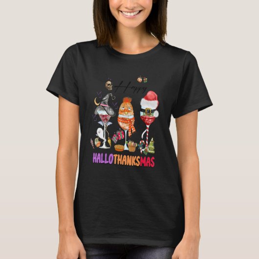 Happy Hallothanksmas Wine Glasses Witch Santa Hat T-Shirt (Vorderseite)