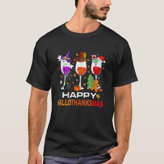 Happy Hallothanksmas Wine Glasses Witch Santa Hat T-Shirt (Vorderseite)