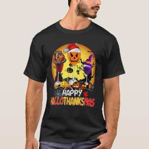 Happy Hallothanksmas Wine Glasses Witch Santa Hat T-Shirt