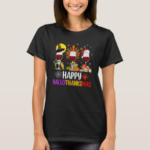 Happy Hallothanksmas Wine Glasses Witch Santa Hat T-Shirt