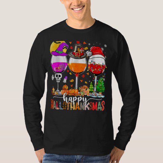 Happy Hallothanksmas Wine Glasses Witch Santa Hat T-Shirt (Vorderseite)