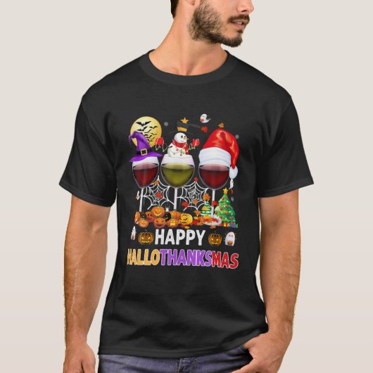 Happy Hallothanksmas Wine Glasses Witch Santa Hat T-Shirt (Vorderseite)