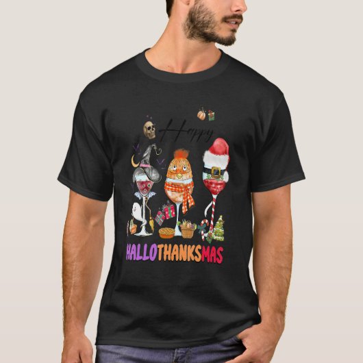 Happy Hallothanksmas Wine Glasses Witch Santa Hat T-Shirt (Vorderseite)