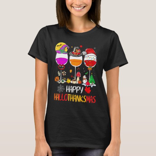 Happy Hallothanksmas Wine Glasses Witch Santa Hat T-Shirt (Vorderseite)