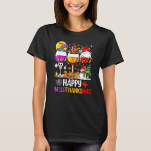 Happy Hallothanksmas Wine Glasses Witch Santa Hat T-Shirt