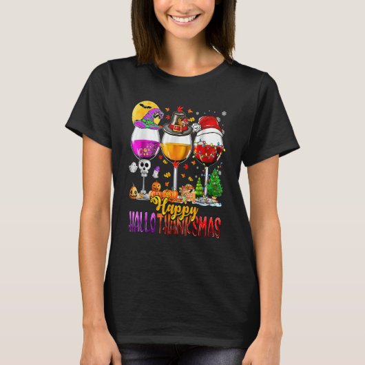 Happy Hallothanksmas Wine Glasses Witch Santa Pump T-Shirt (Vorderseite)